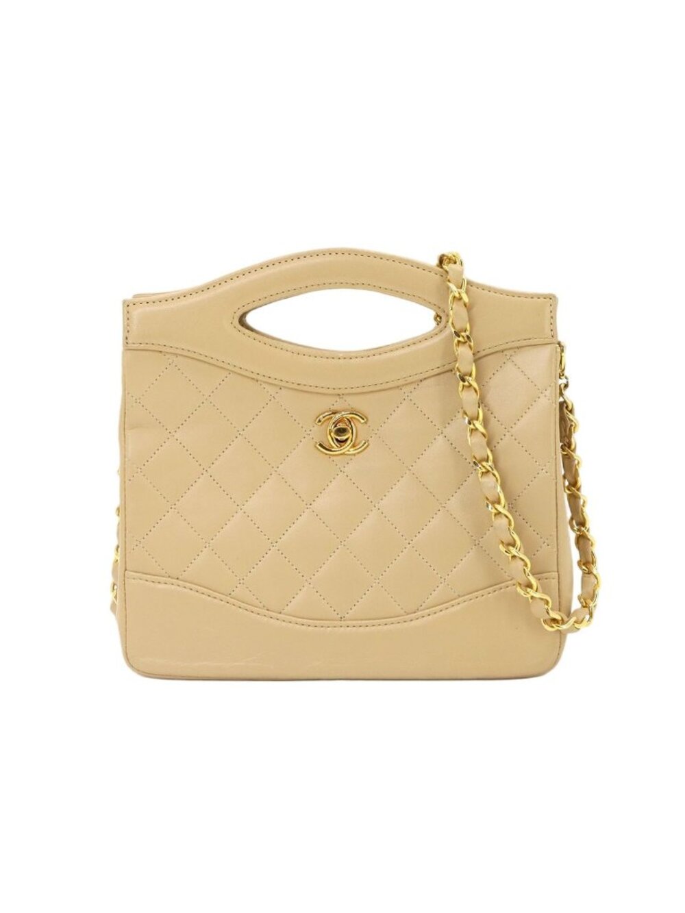 Chanel Quilted 2-Way Hand Chain Shoulder Bag Leather Beige Gold Vintage